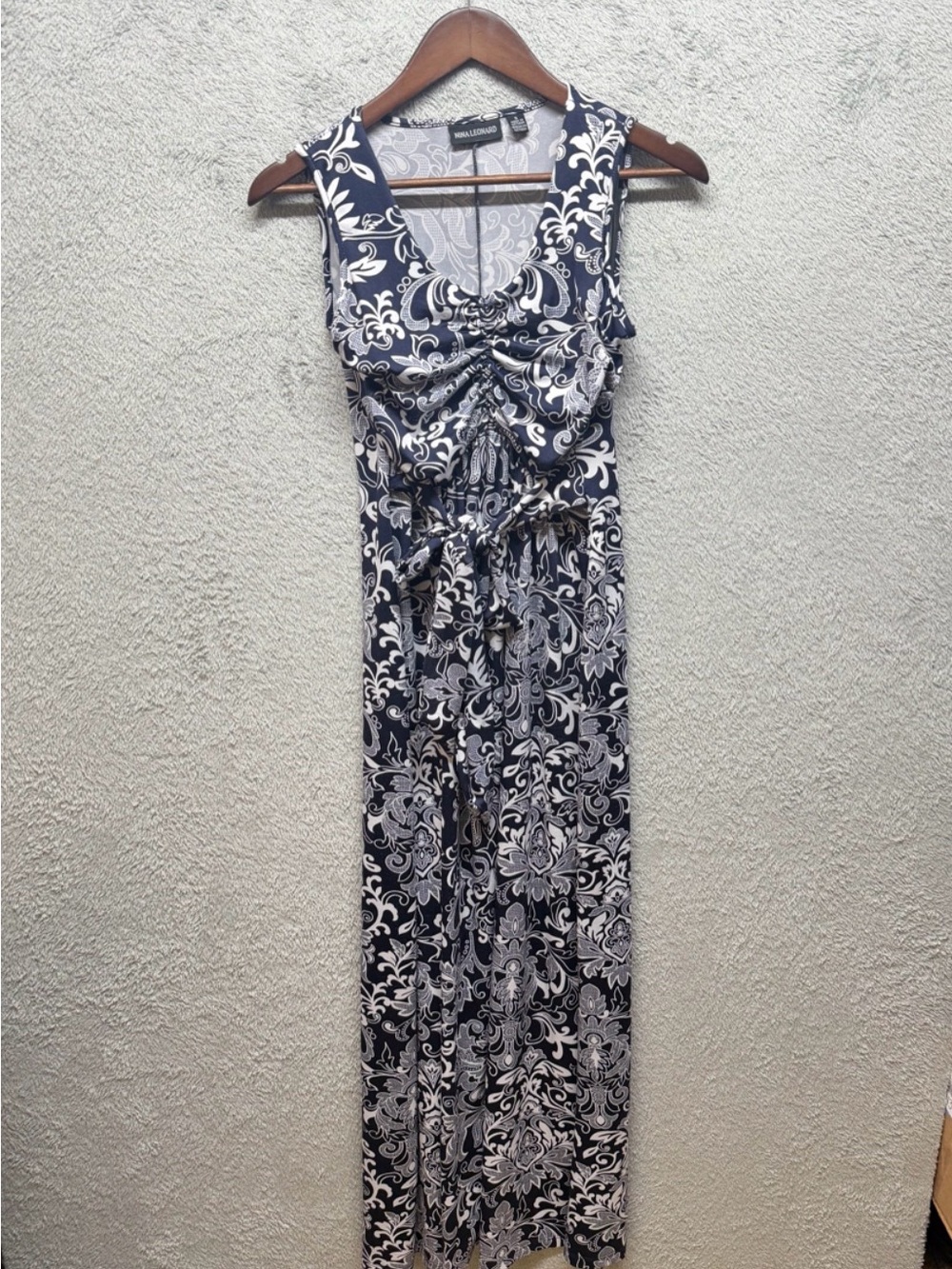 Nina Leonard Navy & White Floral Damask Ruched Maxi Dress
